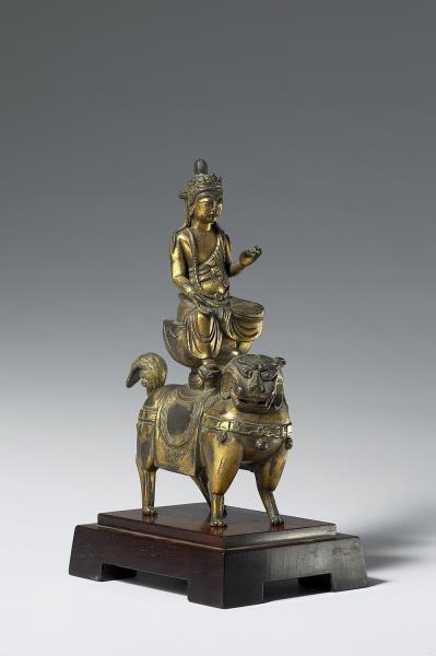 韓國 高麗時代 銅鎏金 文殊騎獅像