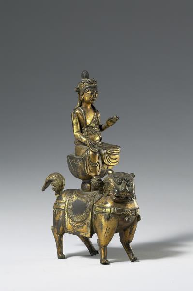 韓國 高麗時代 銅鎏金 文殊騎獅像