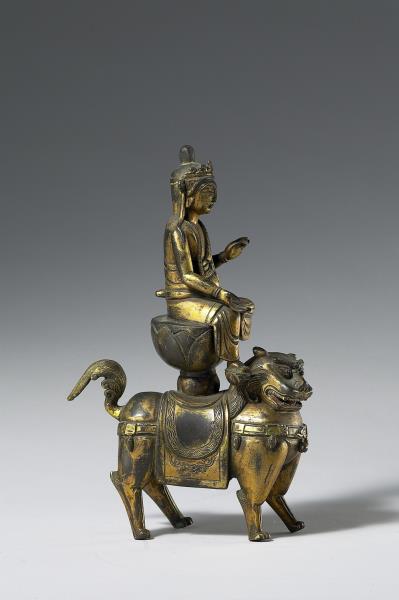 韓國 高麗時代 銅鎏金 文殊騎獅像