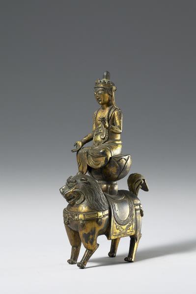 韓國 高麗時代 銅鎏金 文殊騎獅像
