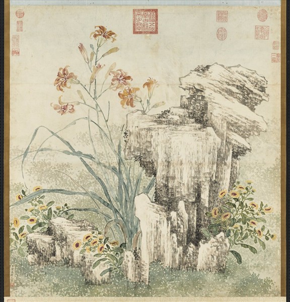 清金廷標畫萱花壽石　軸