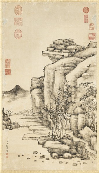 清方琮石壁秋林　軸