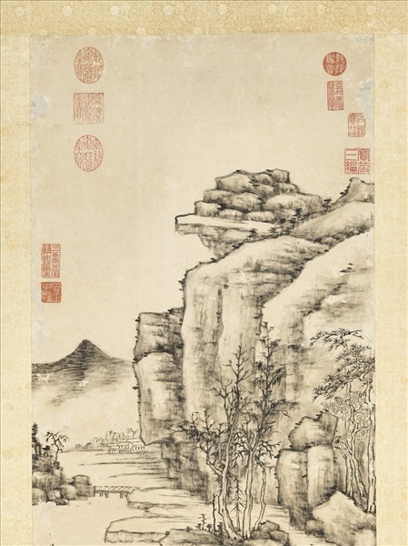 清方琮石壁秋林　軸