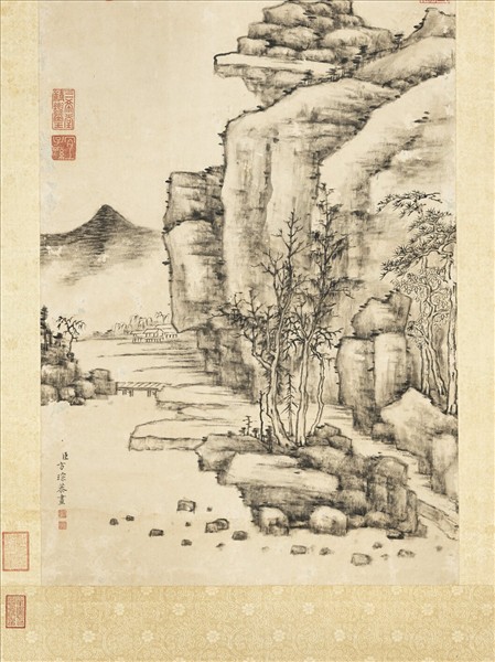 清方琮石壁秋林　軸