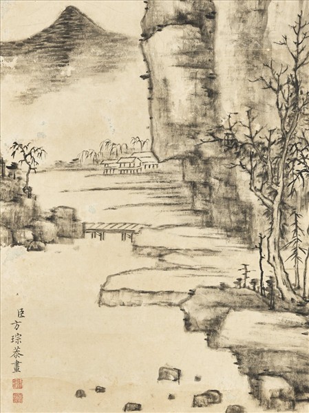 清方琮石壁秋林　軸