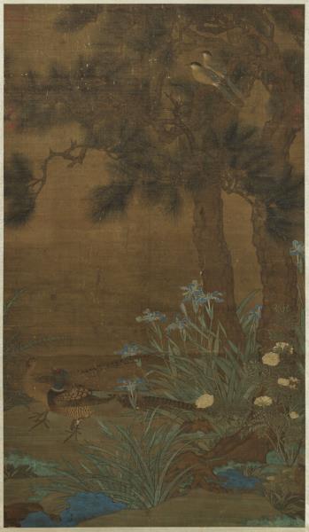 宋人畫雙松花鳥　軸