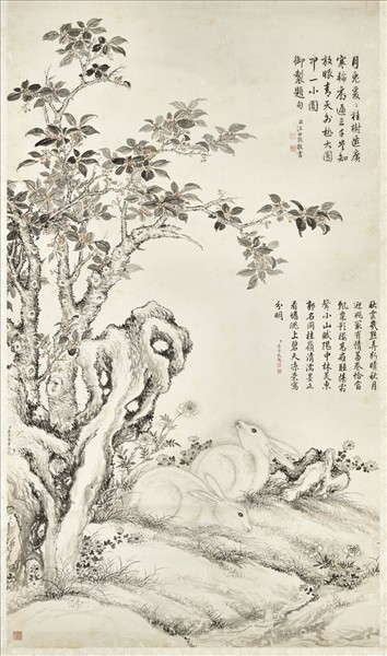 清蔣溥桂花雙兔軸- 故宮