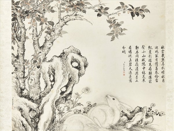 清蔣溥桂花雙兔　軸