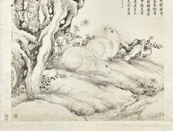 清蔣溥桂花雙兔　軸