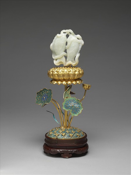 銅鍍金嵌白玉及填琺瑯八吉祥-雙魚