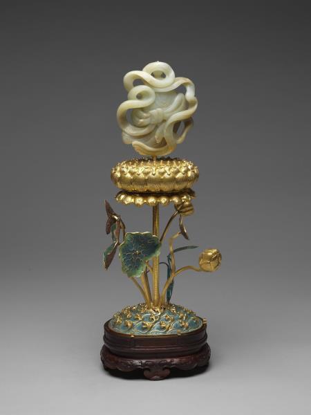 銅鍍金嵌白玉及填琺瑯八吉祥-勝利幢