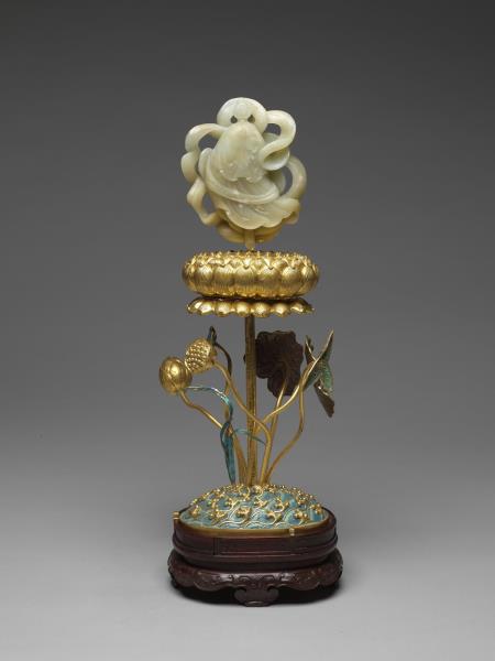 銅鍍金嵌白玉及填琺瑯八吉祥-勝利幢