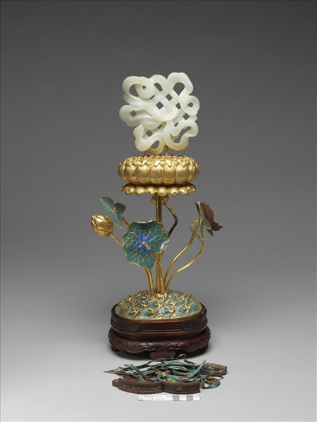 銅鍍金嵌白玉及填琺瑯八吉祥-吉祥結