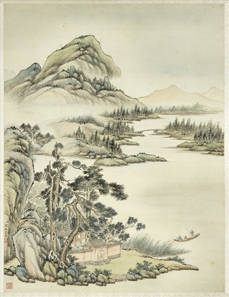 清袁瑛溪山放棹　軸