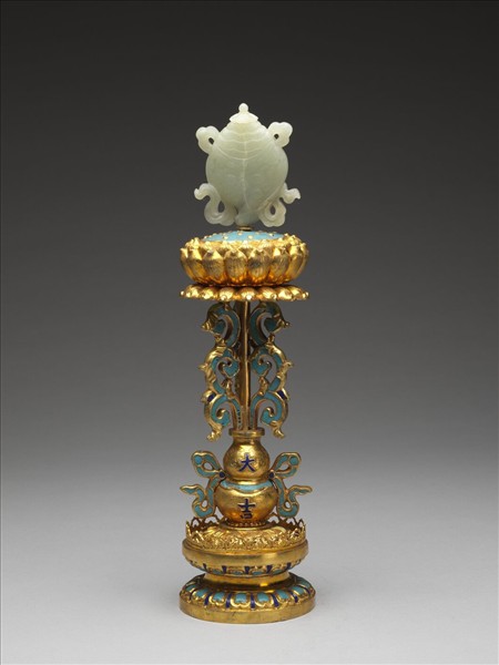 銅鍍金嵌青玉及填琺瑯八吉祥-寶螺