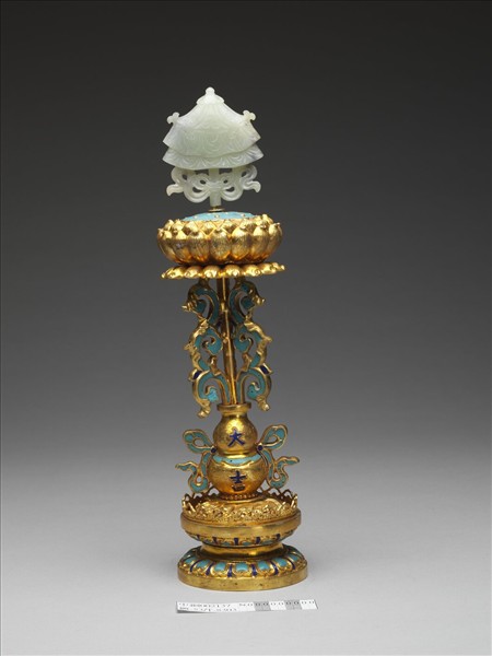 銅鍍金嵌青玉及填琺瑯八吉祥-傘蓋