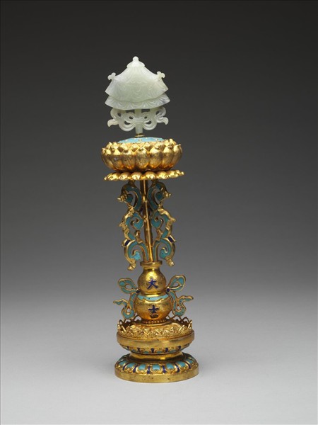 銅鍍金嵌青玉及填琺瑯八吉祥-傘蓋