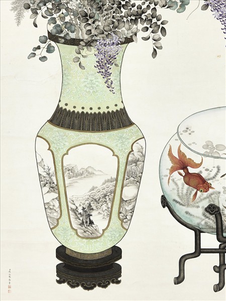 清陳兆鳳博古花草　軸