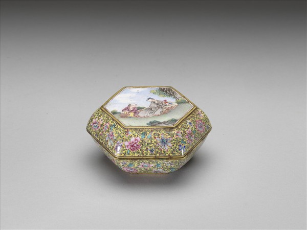 銅胎畫琺瑯山水人物六角盒