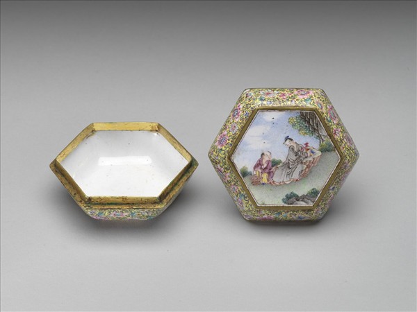 銅胎畫琺瑯山水人物六角盒