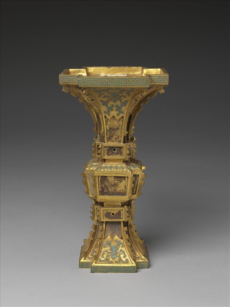 銅鍍金嵌玉及填琺瑯觚(五供)