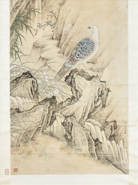 清戴洪花鳥泉石　軸