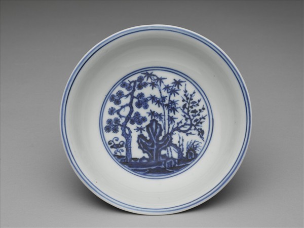 青花三友人物圖碟