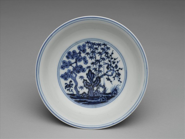 青花歲寒三友人物圖盤