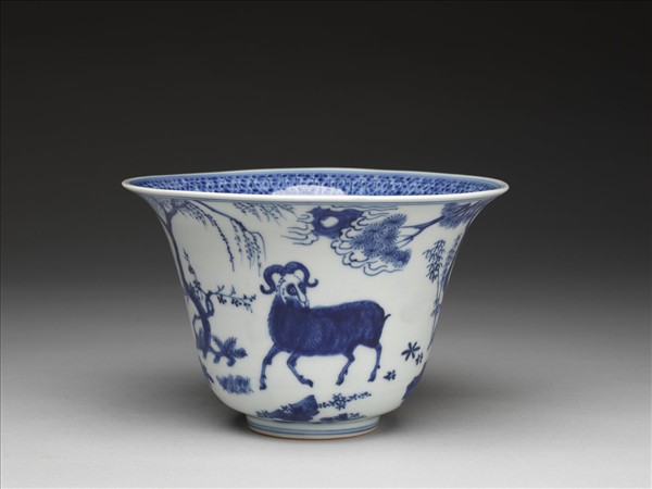 青花三羊開泰圖仰鐘式碗