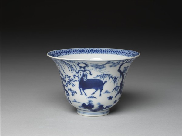 青花三羊開泰圖仰鐘式碗