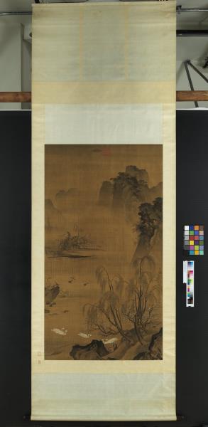 明呂紀柳塘禽集圖　軸