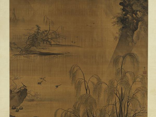 明呂紀柳塘禽集圖　軸