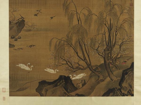 明呂紀柳塘禽集圖　軸