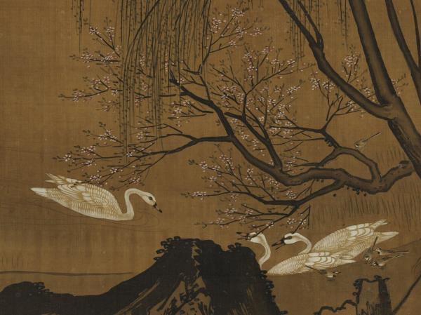 明呂紀柳塘禽集圖　軸