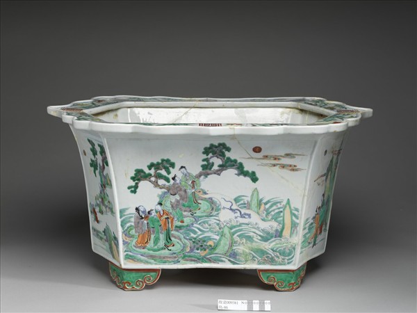 五彩山水人物圖六方花盆