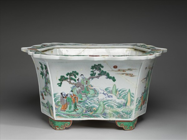 五彩山水人物圖六方花盆