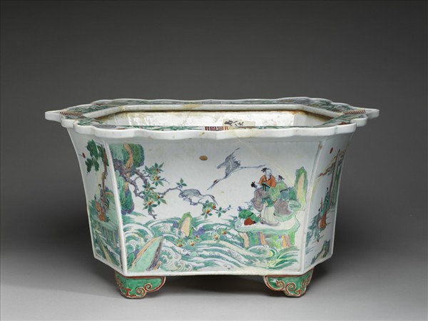 五彩山水人物圖六方花盆