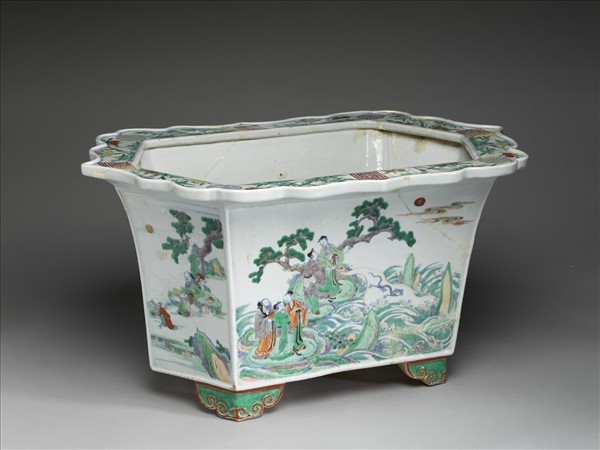 五彩山水人物圖六方花盆