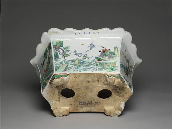 五彩山水人物圖六方花盆