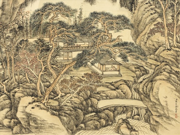 清張宗蒼秋雲紅葉　軸