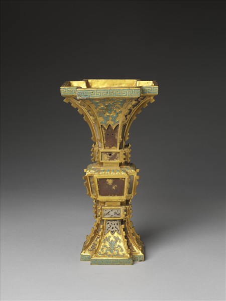 銅鍍金嵌玉及填琺瑯觚(五供)
