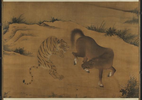 無名氏畫虎馬鬥圖　軸