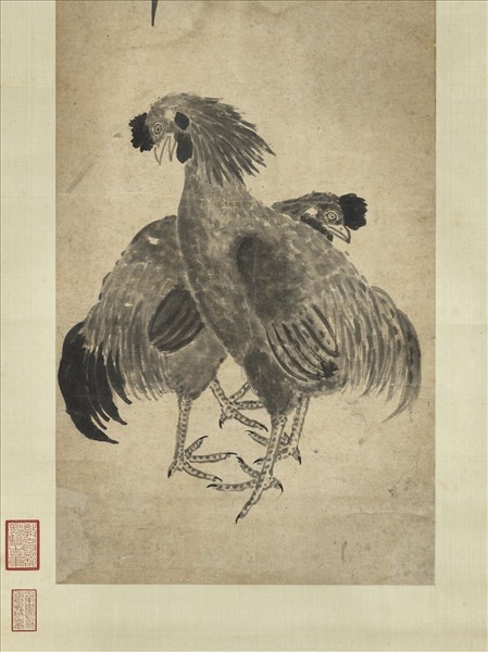 清周蕃秋葵雙雞　軸