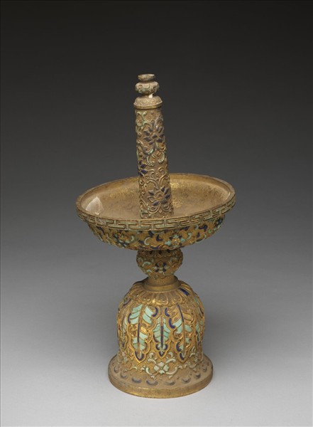 銅鍍金嵌綠松石及填料燭台（五供）