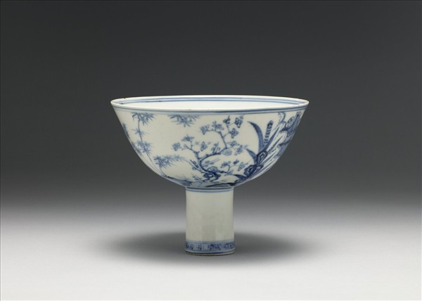 青花山水三友圖高足碗