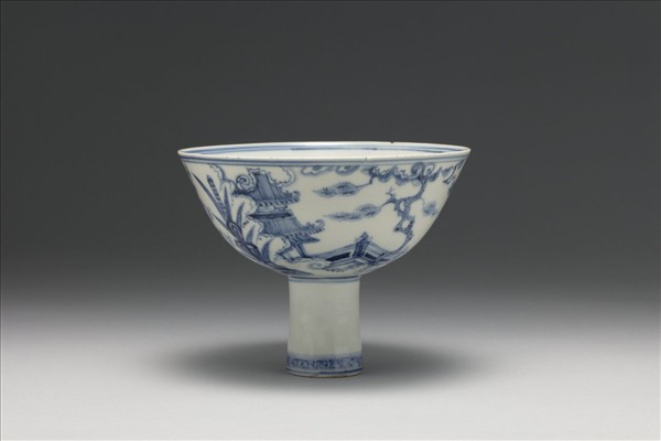 青花山水三友圖高足碗