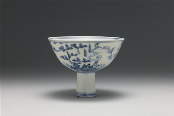 青花山水三友圖高足碗