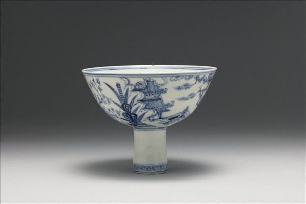 青花山水三友圖高足碗