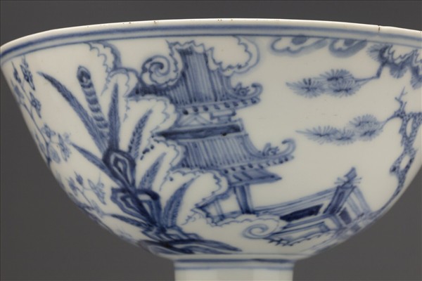 青花山水三友圖高足碗