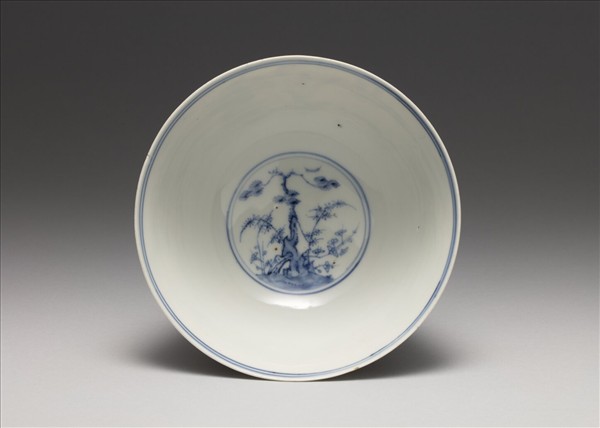 青花山水三友圖高足碗